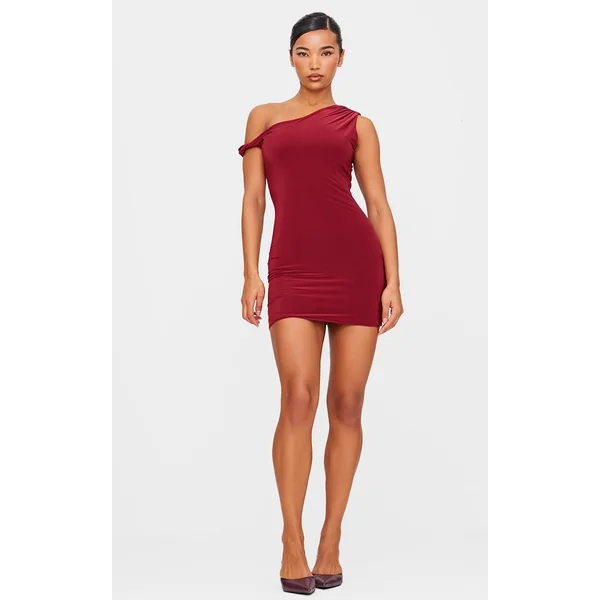 Burgundy Double Layer Slinky Twist Bodycon Dress