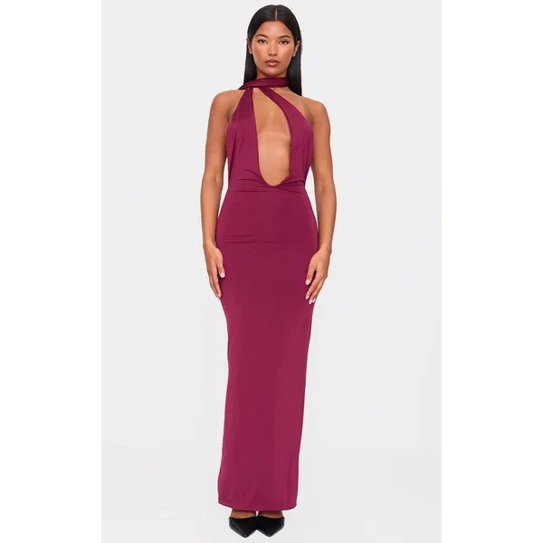Burgundy Double Layer Slinky Wrap Neck Maxi Dress