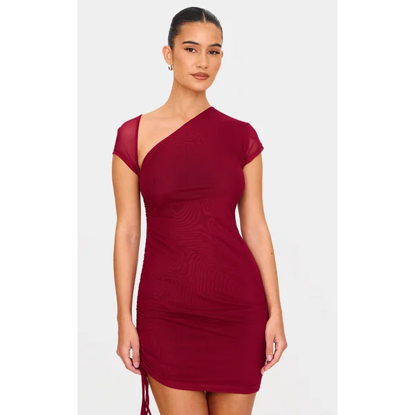 Burgundy Double Layered Mesh Ruched Mini Dress
