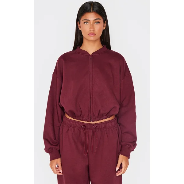 Burgundy Drawcord Waist Cropped Zip Up Sweatshirt