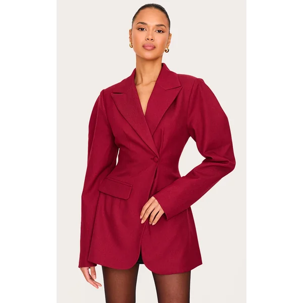 Burgundy Drop Shoulder Cinch Waist Extreme Oversized Blazer