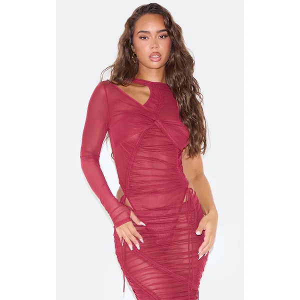 Burgundy Extreme Ruched Seam Detail One Sleeve Bodysuit