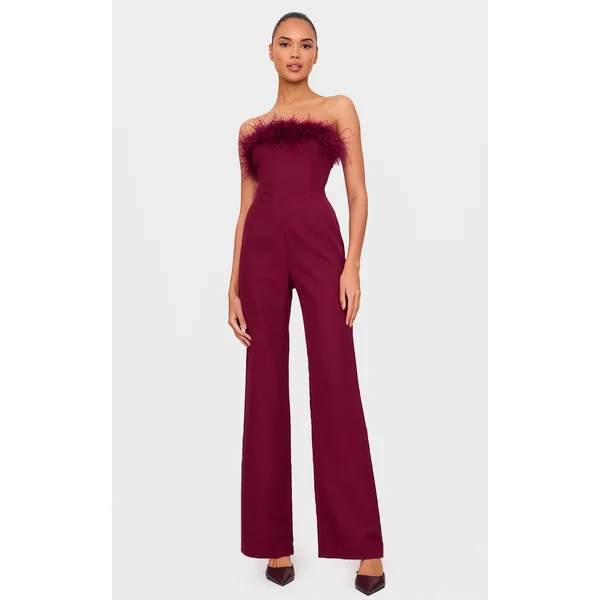 Burgundy Faux Fur Bandeau Straight Leg Jumpsuit