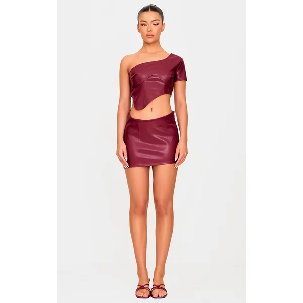 Burgundy Faux Leather Asymmetric Hem Mini Skirt
