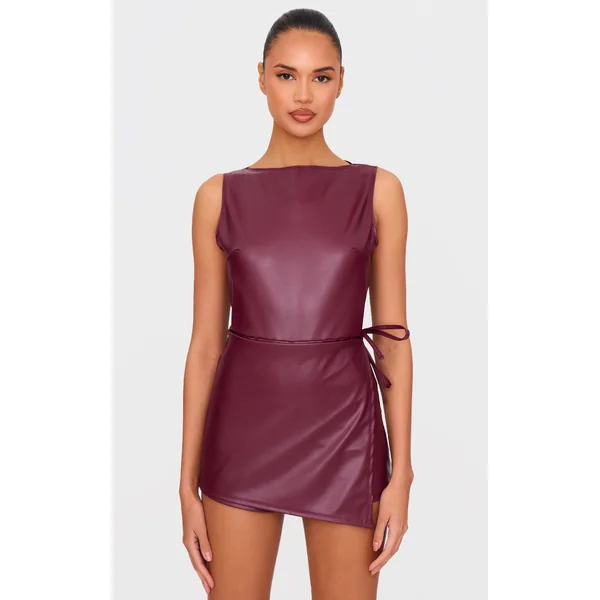 Burgundy Faux Leather Boat Neck Wrap Front Romper