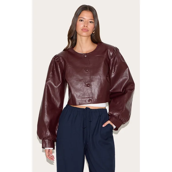 Burgundy Faux Leather Pleat Sleeve Button Up Jacket