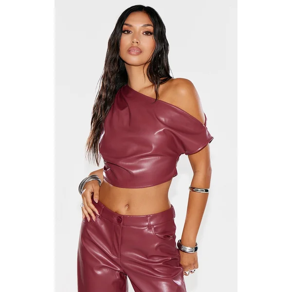 Burgundy Faux Leather Ruched One Shoulder Asymmetric Crop Top