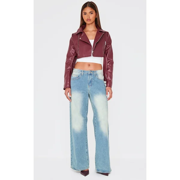 Burgundy Faux Leather Super Cropped Biker Jacket