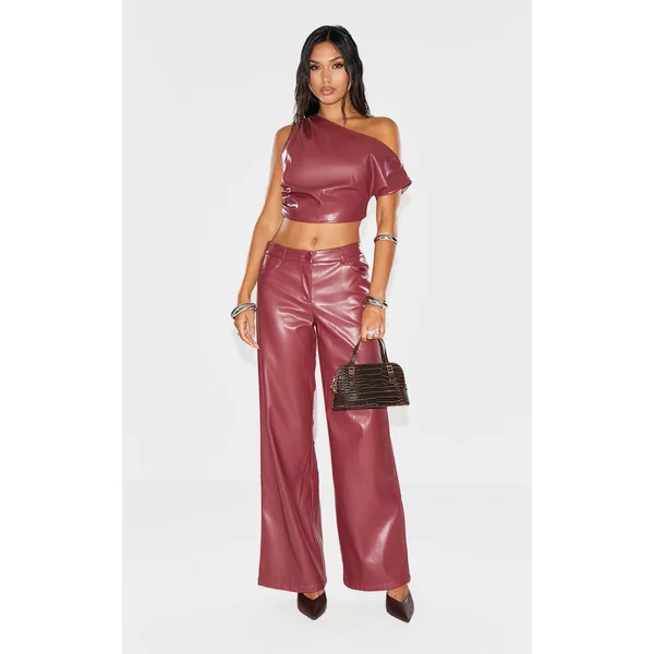 Burgundy Faux Leather Wide Leg Low Rise Pants