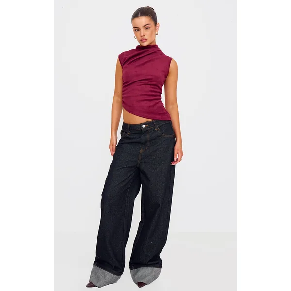 Burgundy Faux Suede High Neck Asymmetric Hem Long Top