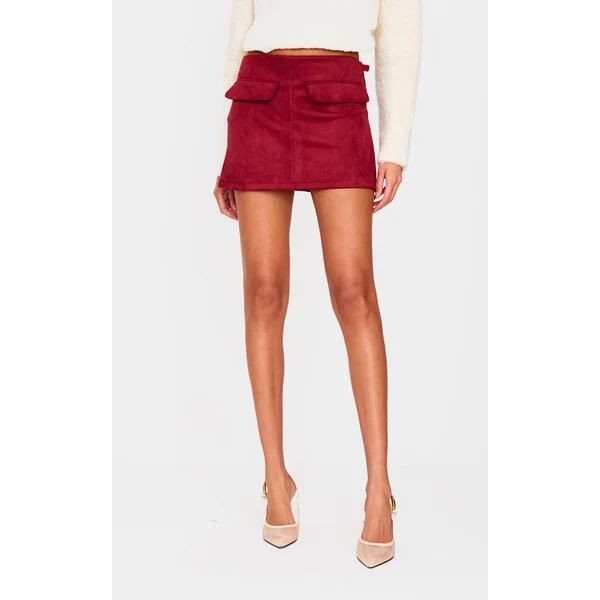 Burgundy Faux Suede Pocket Front Mini Skirt