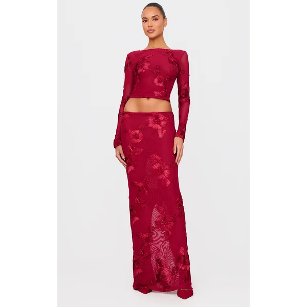 Burgundy Floral Jacquard Maxi Skirt