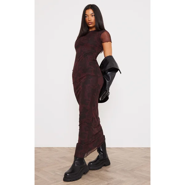 Burgundy Floral Print Mesh Short Sleeve Maxi Dress