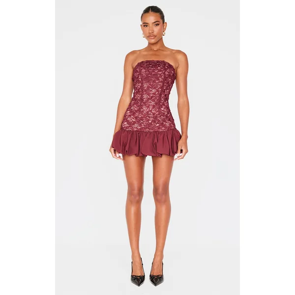 Burgundy Floral Textured Bandeau Puffball Hem Shift Dress