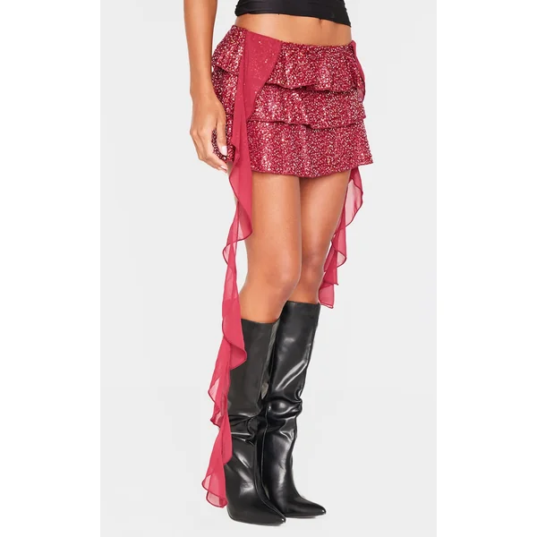 Burgundy Frilly Sequin Draping Detail Mini Skirt