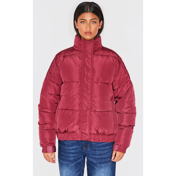 Burgundy Funnel Neck Padded Jacket