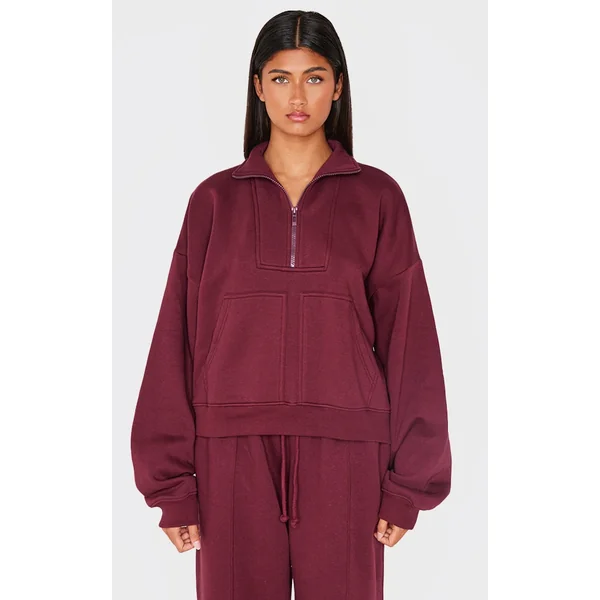 Burgundy Half Zip Double Pocket Seam Detail Sweatshirt