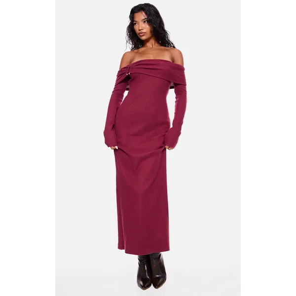 Burgundy Heavy Brushed Rib Bardot Trim Maxi Dress