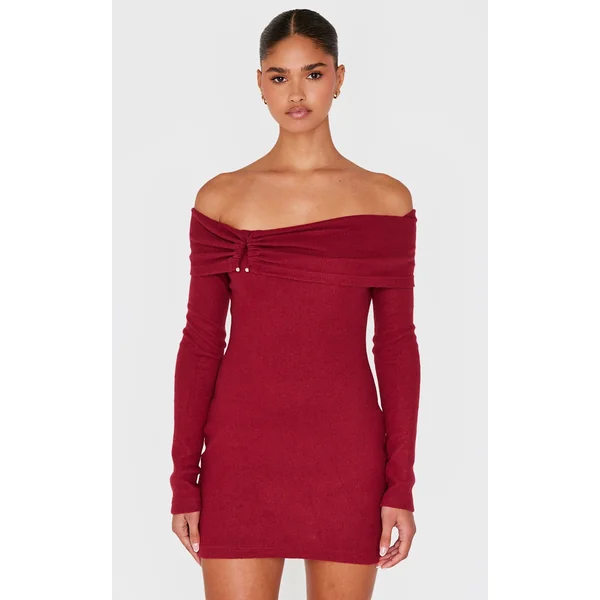Burgundy Heavy Brushed Rib Bardot Trim Mini Dress
