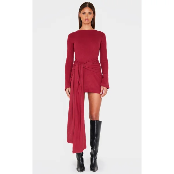 Burgundy Heavy Brushed Rib Boat Neck Wrap Tie Bodycon Dress