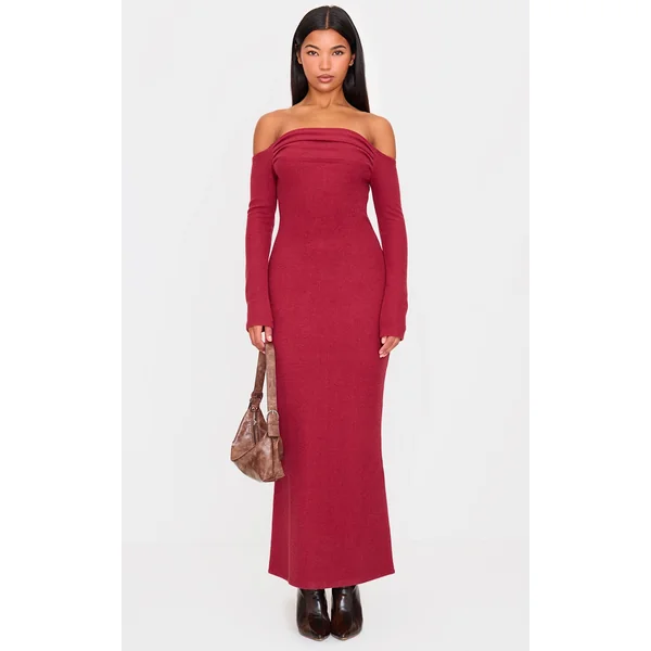 Burgundy Heavy Rib Bardot Long Sleeve Maxi Dress