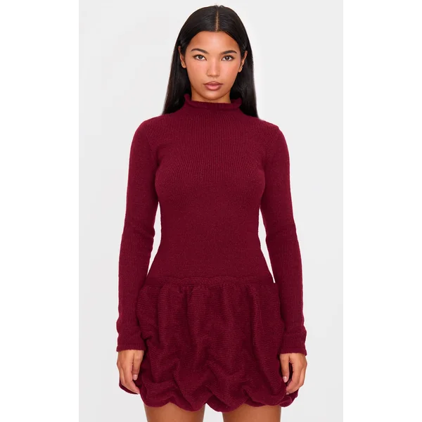 Burgundy High Neck Knitted Puffball Mini Dress