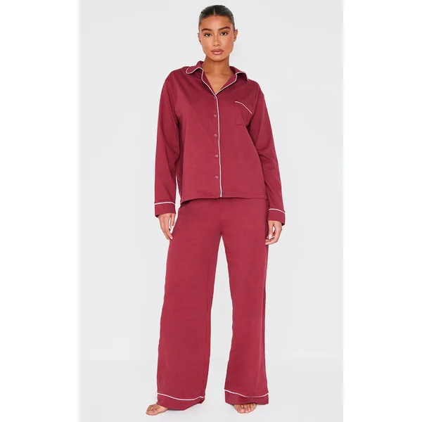 Burgundy Jersey Piping Detail Long PJ Set