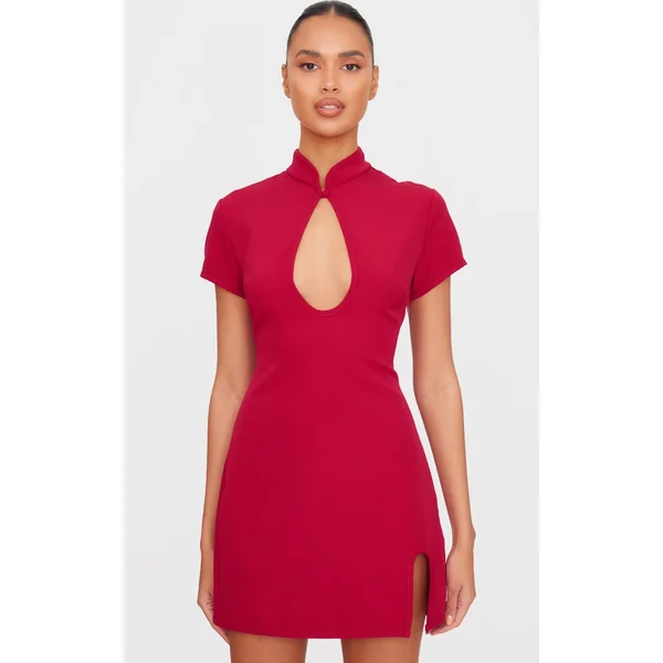 Burgundy Key Hole Contrast Mini Dress