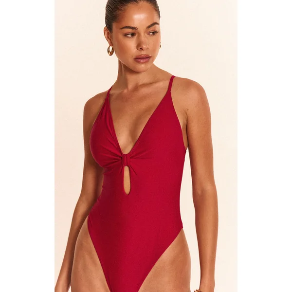 Burgundy Knot Front Cut Out Swimsuit