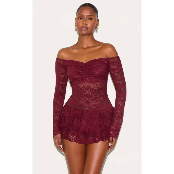 Burgundy Lace Bardot Rara Skort Romper