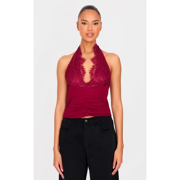 Burgundy Lace Detail Chiffon Printed Plunge Long Top
