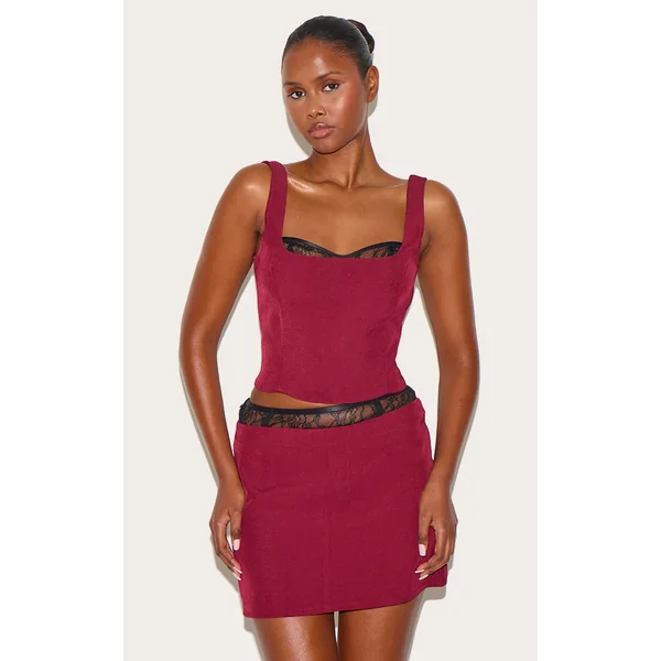 Burgundy Lace Detail Corset Woven Crop Top