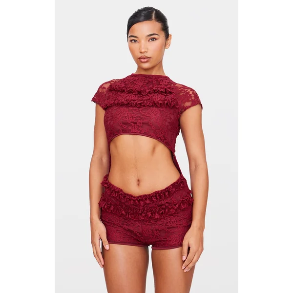 Burgundy Lace Ruffle Detail Cut Out Rara Skort Romper