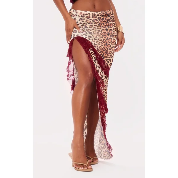 Burgundy Leopard Print Lined Mesh Thigh Split Lace Trim Maxi Skirt