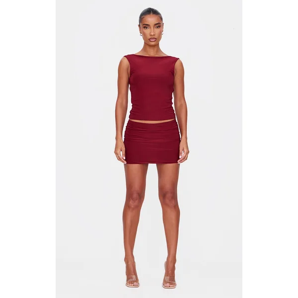 Burgundy Low Rise Slinky Micro Mini Skirt