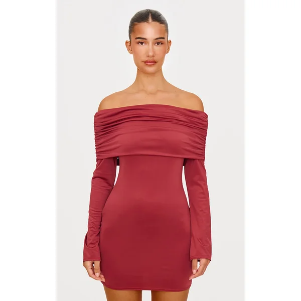 Burgundy Matte Sculpt Double Layer Foldover Bardot Long Sleeve Mini Dress