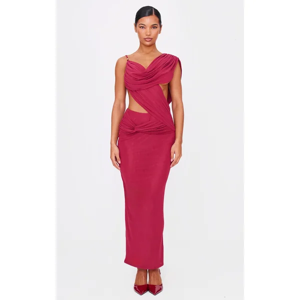 Burgundy Mesh Draped Cut Out Maxi Dress