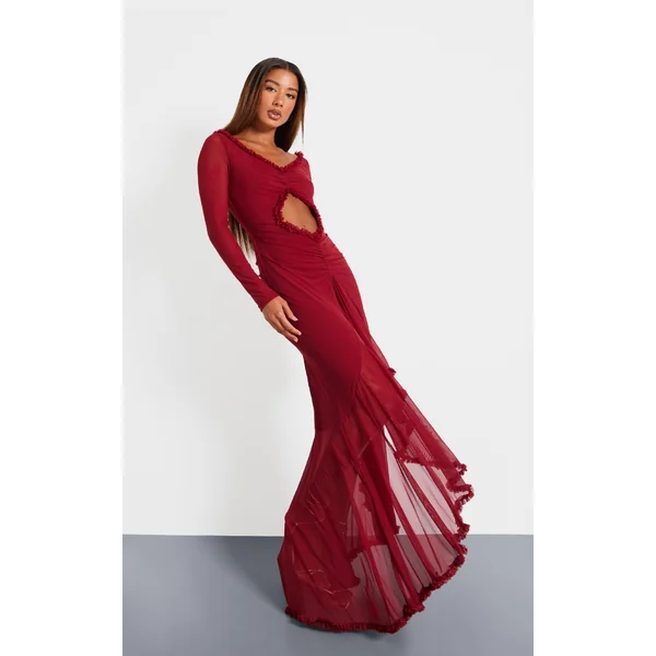 Burgundy Mesh Long Sleeve Frill Detail Cut Out Maxi Dress