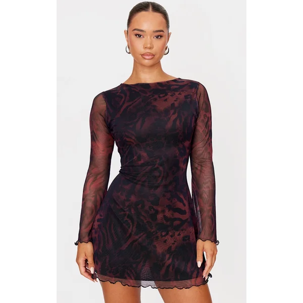 Burgundy Mesh Long Sleeve Tie Back Shift Dress