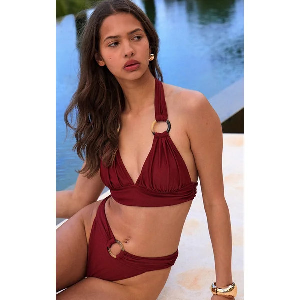 Burgundy O Ring Detail Ruched Triangle Bikini Top