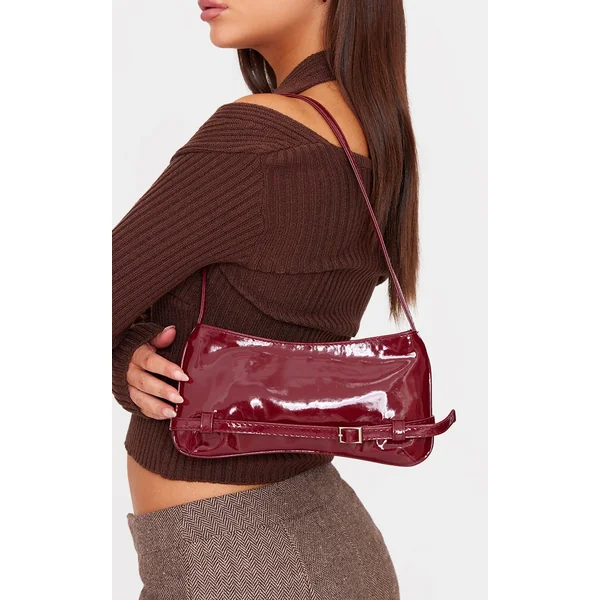 Burgundy Patent Pu Buckle Baguette Shoulder Bag