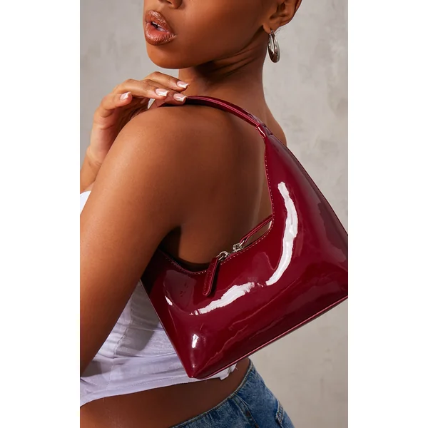 Burgundy Patent Simple Structured Double Zip Shoulder Bag