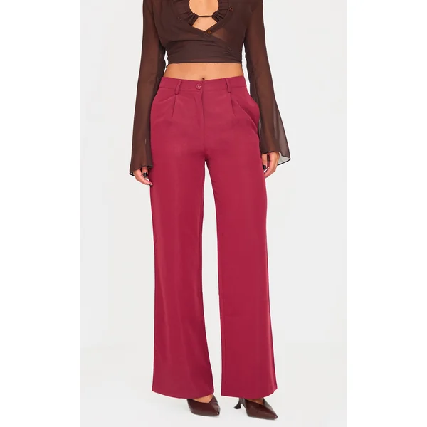 Burgundy Peach Skin Straight Leg Pants