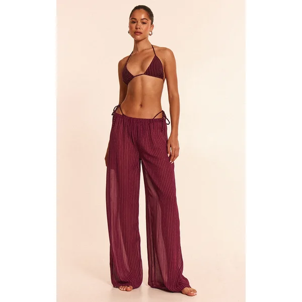 Burgundy Pinstripe Chiffon Beach Pants