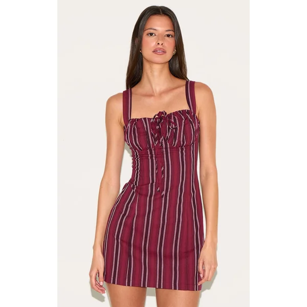 Burgundy Pinstripe Tie Detail Shift Dress