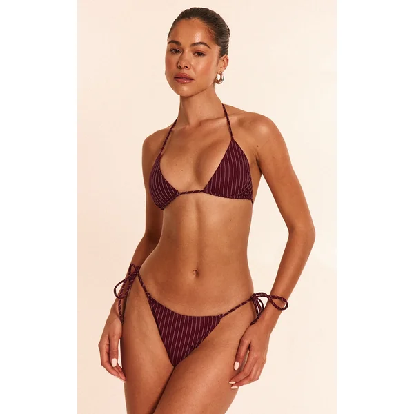 Burgundy Pinstripe Tie Side Bikini Bottom