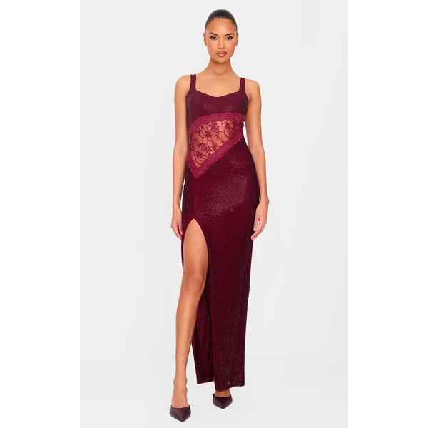 Burgundy Premium Diamante Lace Detail Corset Maxi Dress