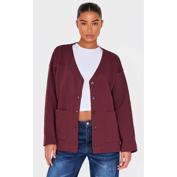 Burgundy Premium Fleeceback Button Front Sweat Cardigan