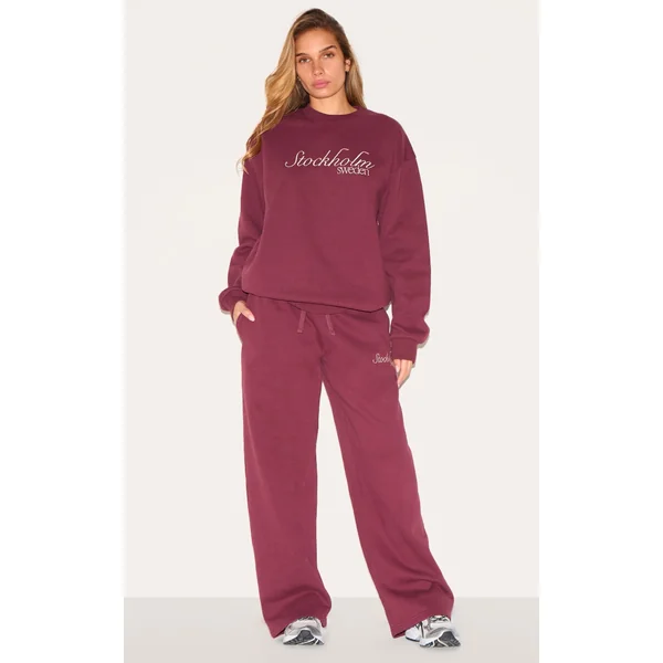 Burgundy Premium Stockholm Embroidered Wide Leg Sweatpants