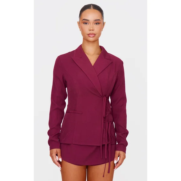 Burgundy Premium Tailored Woven Wrap Front Romper